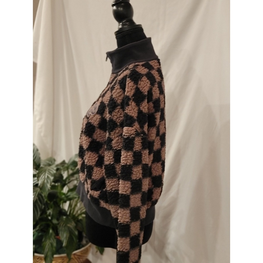 Pink Victoria's Secret Checkerboard Sherpa Fleece Quarter Zip Pullover Brown XS - Picture 2 of 7